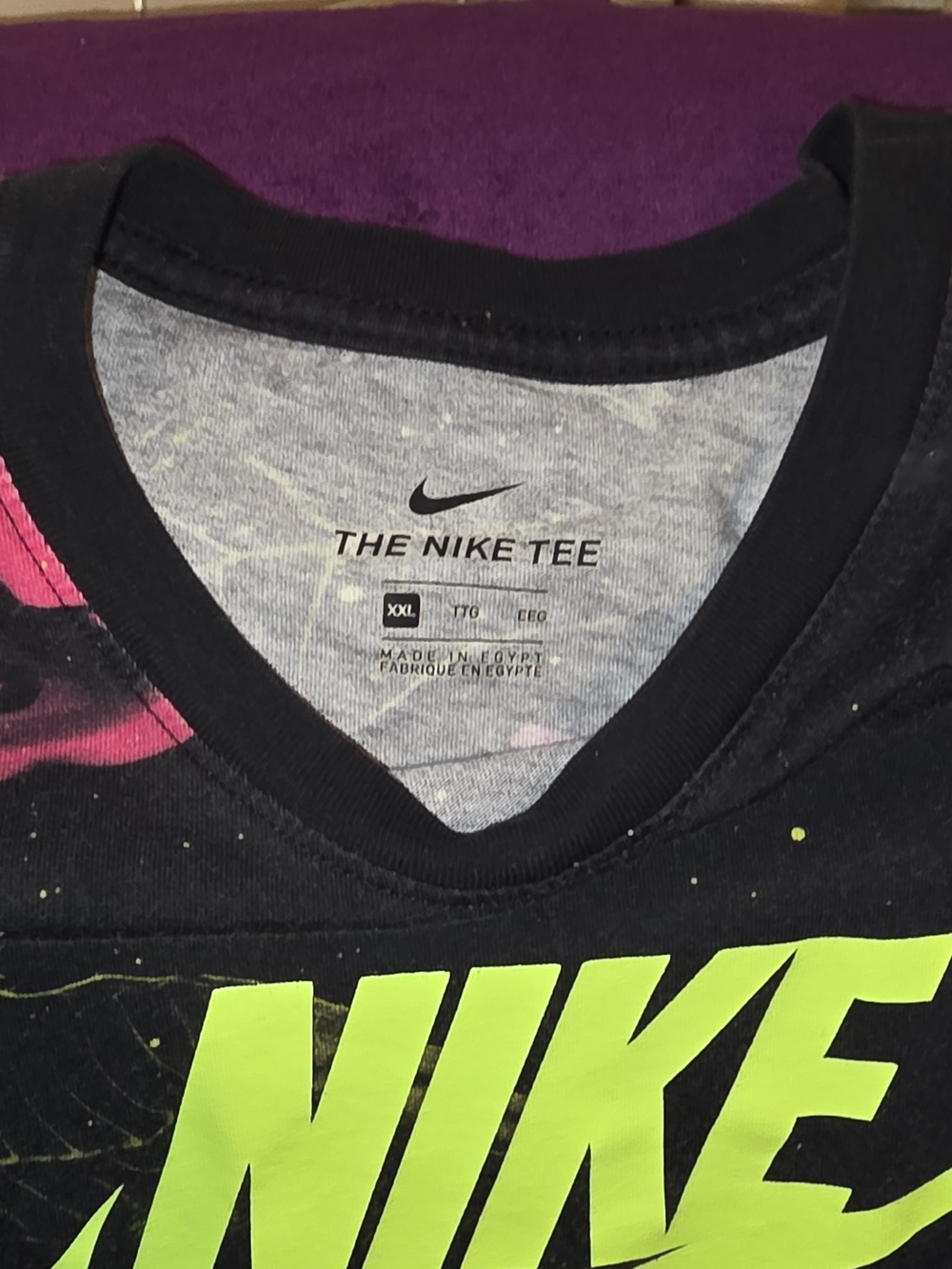 Nike Men's Black Tee with Neon Green Graphic and Pink Accent